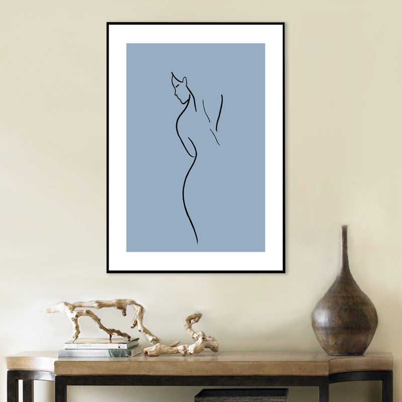 Simple Back of Woman Canvas Print Blue-Black Line Drawing Wall Art for Bedroom