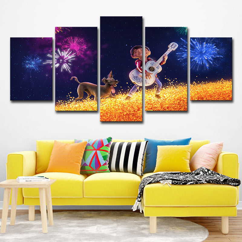 Kids Style Coco Character Canvas Black Boys Guitar Show with His Dog Wall Art
