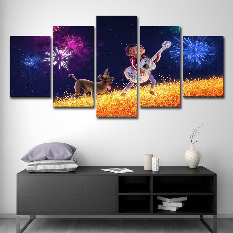 Kids Style Coco Character Canvas Black Boys Guitar Show with His Dog Wall Art