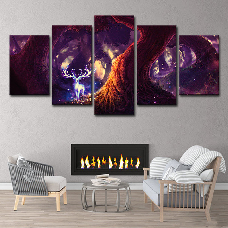 Fairy Tale Forest Deer Canvas Cartoon Multi-Piece Wall Art Decor in Purple for Home