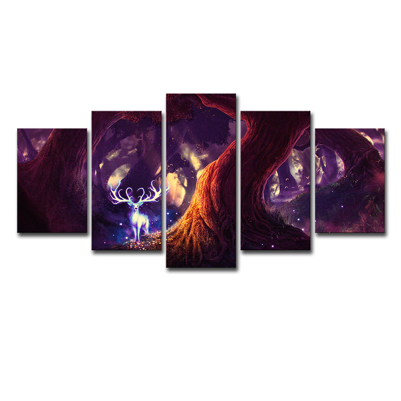 Fairy Tale Forest Deer Canvas Cartoon Multi-Piece Wall Art Decor in Purple for Home