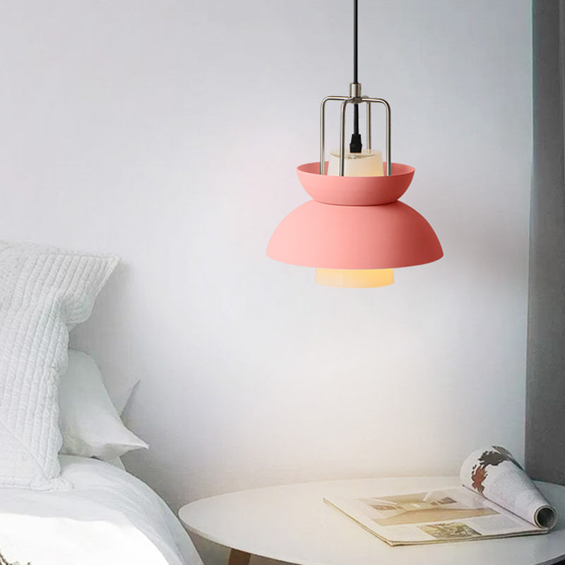 1 lámpara de techo de dormitorio ligero con tazón de tono metálico Macaron estilo gris/lámpara colgante rosa