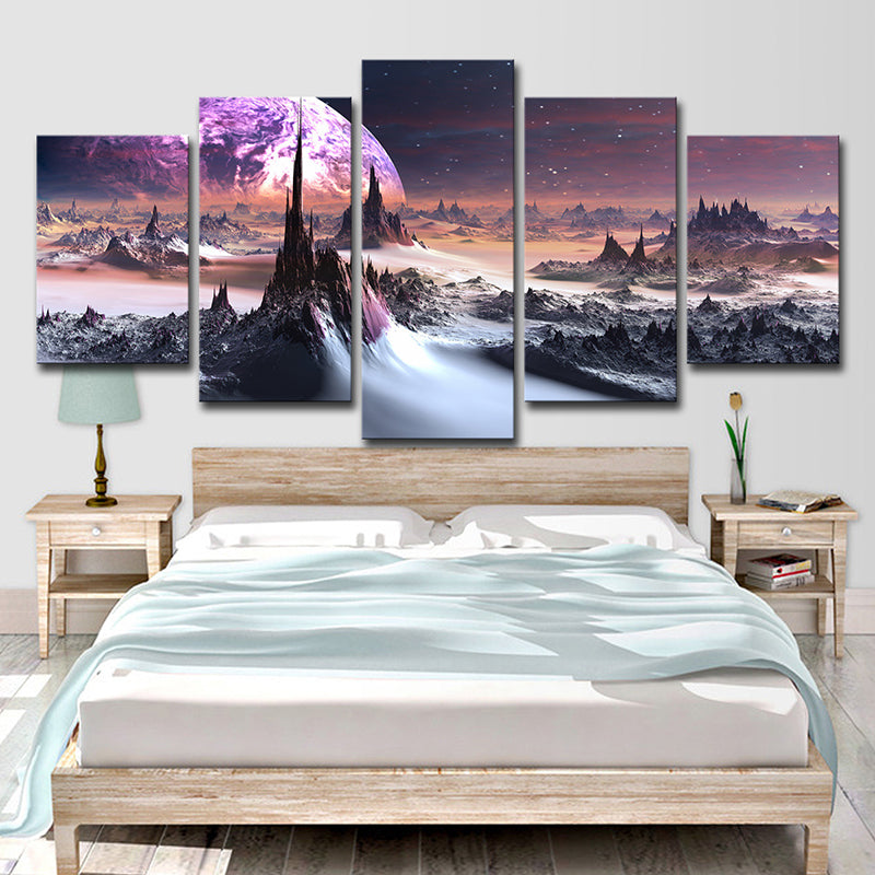 Fictional Hills and Planet Canvas Purple Multi-Piece Wall Art for Boys Bedroom