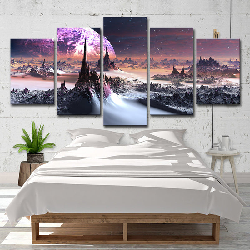 Fictional Hills and Planet Canvas Purple Multi-Piece Wall Art for Boys Bedroom