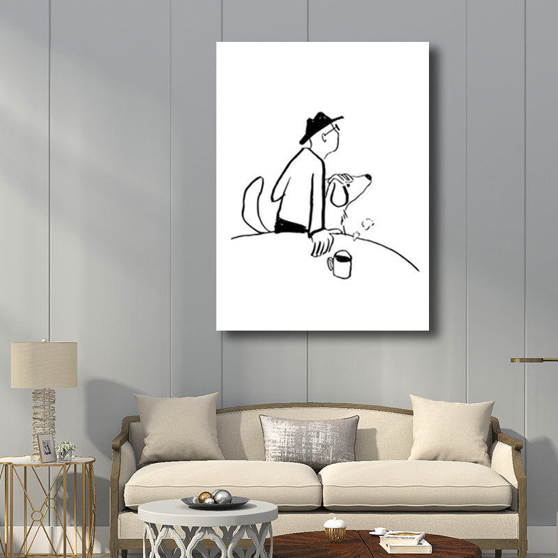 Mans Leisure Time Drawing Canvas in Black and White Minimalism Wall Art for Room