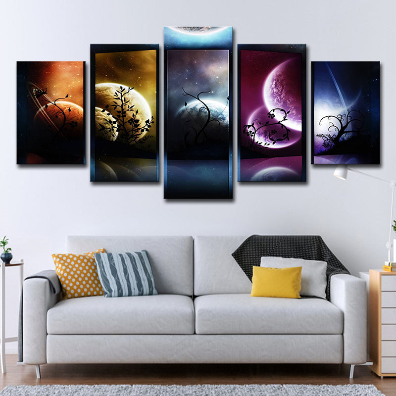 Starry Sky Planets Wall Art Multi-Piece Fictional Kids Bedroom Canvas Print in Black