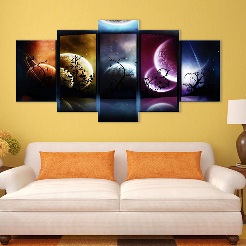 Starry Sky Planets Wall Art Multi-Piece Fictional Kids Bedroom Canvas Print in Black