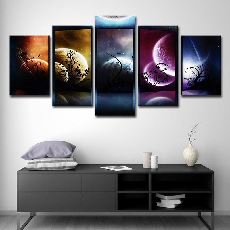 Starry Sky Planets Wall Art Multi-Piece Fictional Kids Bedroom Canvas Print in Black