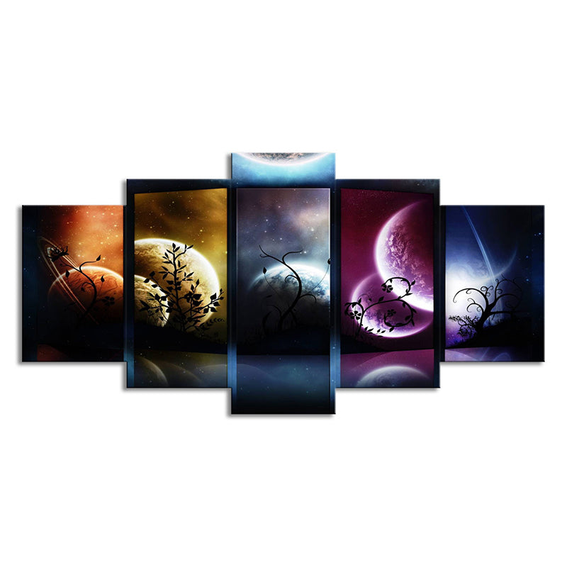 Starry Sky Planets Wall Art Multi-Piece Fictional Kids Bedroom Canvas Print in Black