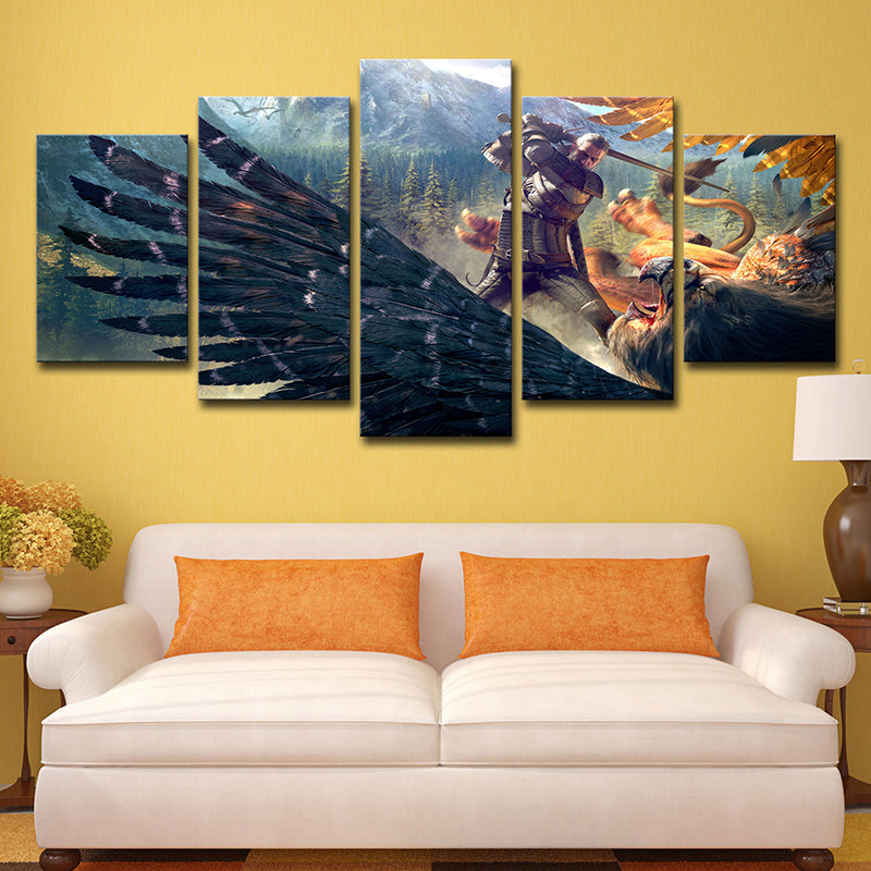 Dark Blue Kids Wall Art Digital Print Witcher Fight Against Eagle Game Scene Canvas for Room