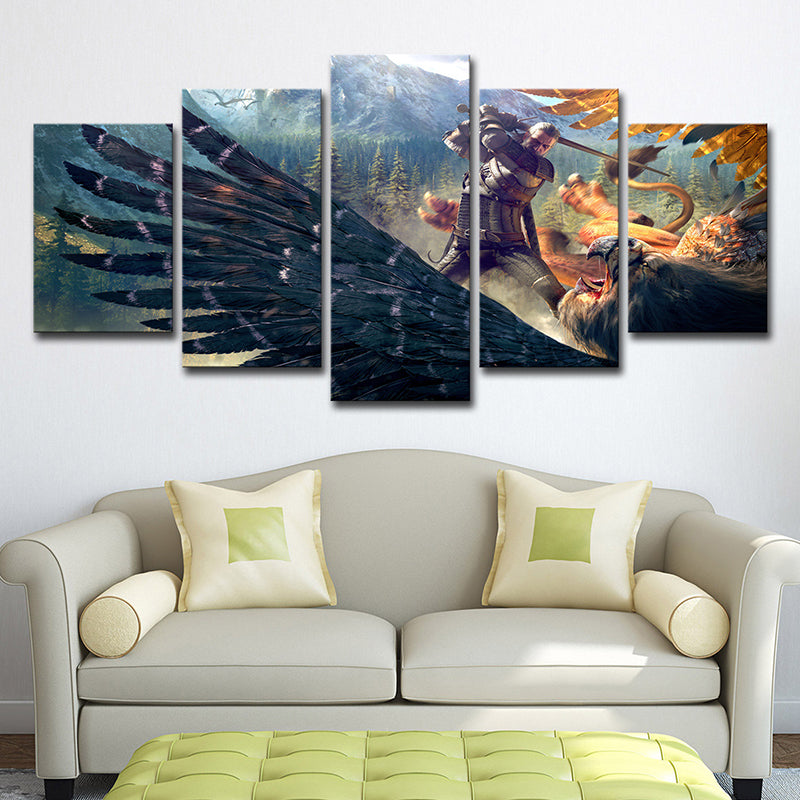 Dark Blue Kids Wall Art Digital Print Witcher Fight Against Eagle Game Scene Canvas for Room