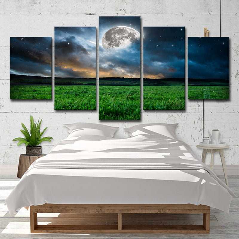 Green Meadow Landscape Wall Art Starry Moon Night Fictional Multi-Piece Canvas Print