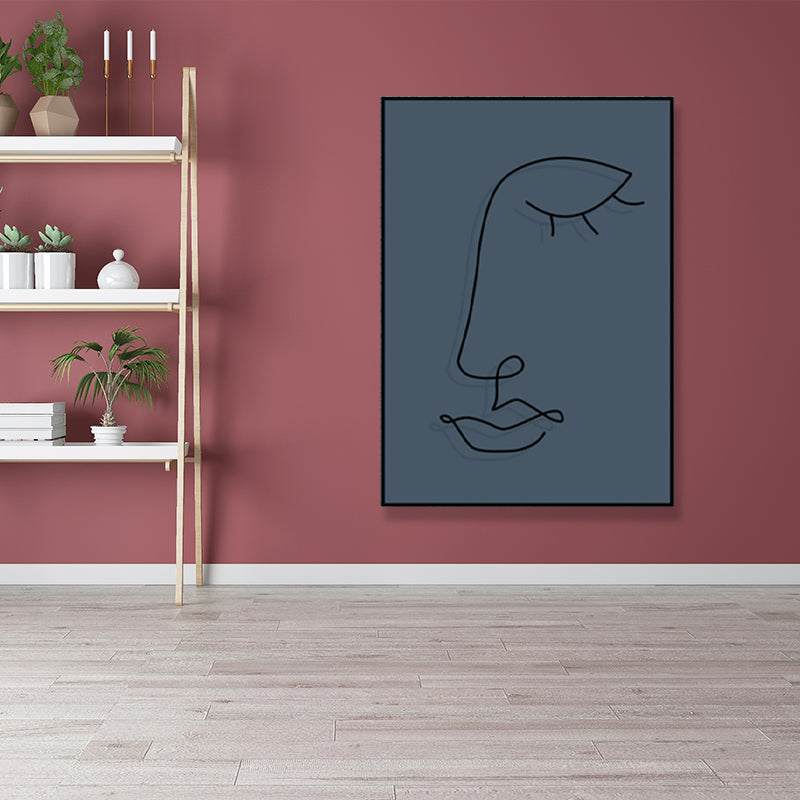 Pencil Line Face Sketch Art Print Blue Girls Bedroom Wall Decor, Texture Surface