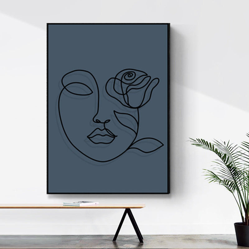 Pencil Line Face Sketch Art Print Blue Girls Bedroom Wall Decor, Texture Surface