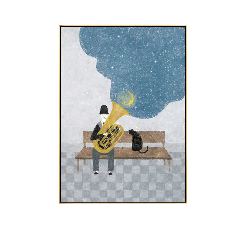 Childrens Art Musical Canvas Print Blue Gentleman Playing Trumpet with His Cat at Night Wall Decor