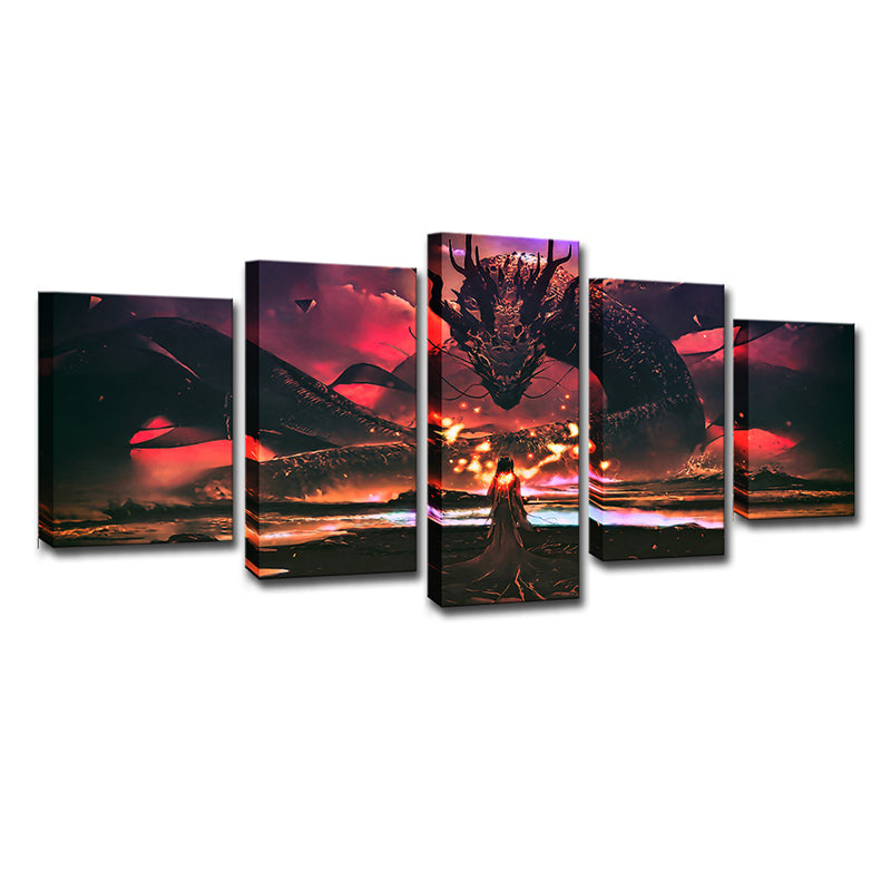 Kids Style Wall Art Red Digital Print Girl and the Devil Dragon Canvas for Boys Room