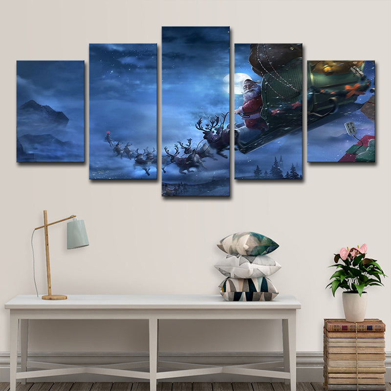 Moon Night Deer Carriage Art Print Kids Dreamy Christmas Wall Decor in Blue for Room