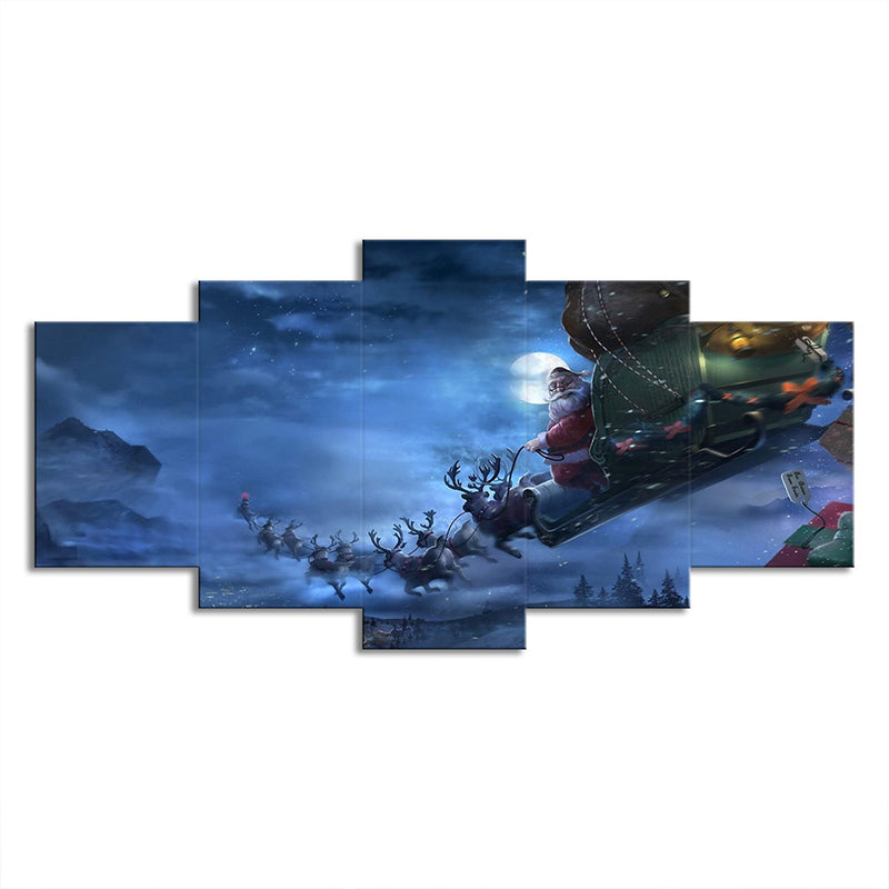 Moon Night Deer Carriage Art Print Kids Dreamy Christmas Wall Decor in Blue for Room
