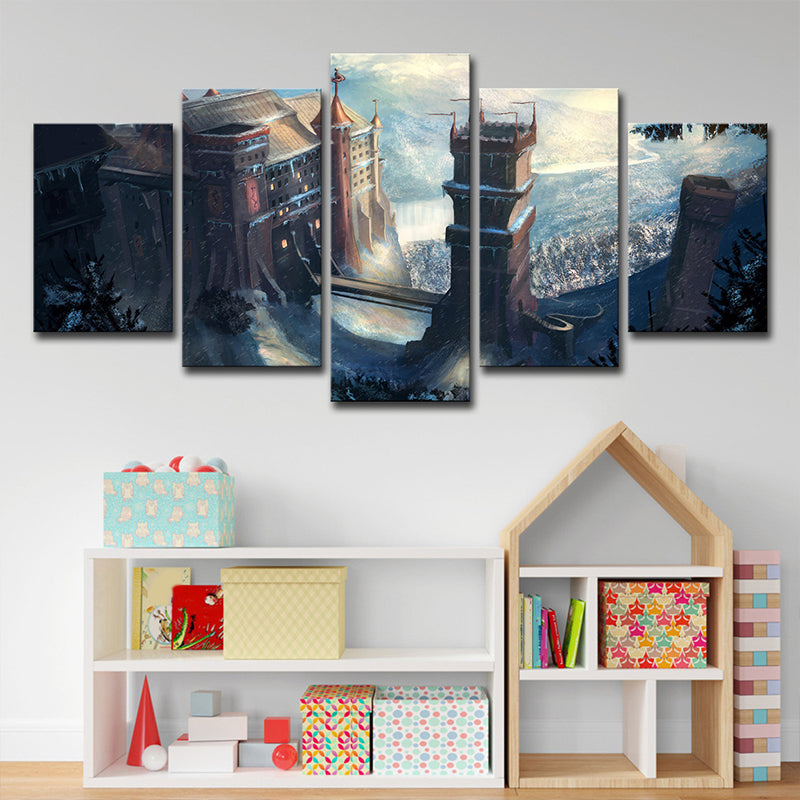 Kids Fantasy Castle Wall Art Blue Multi-Piece Canvas Print for House Interior