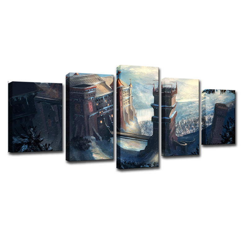 Kids Fantasy Castle Wall Art Blue Multi-Piece Canvas Print for House Interior