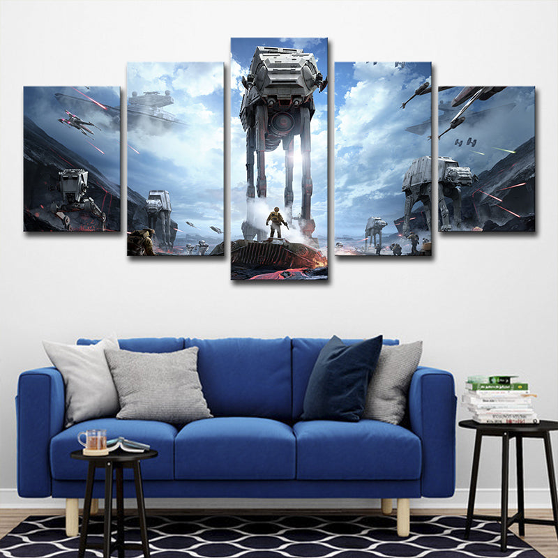 Fictional Space War Scene Art Print Blue Multi-Piece Wall Decor for Sitting Room