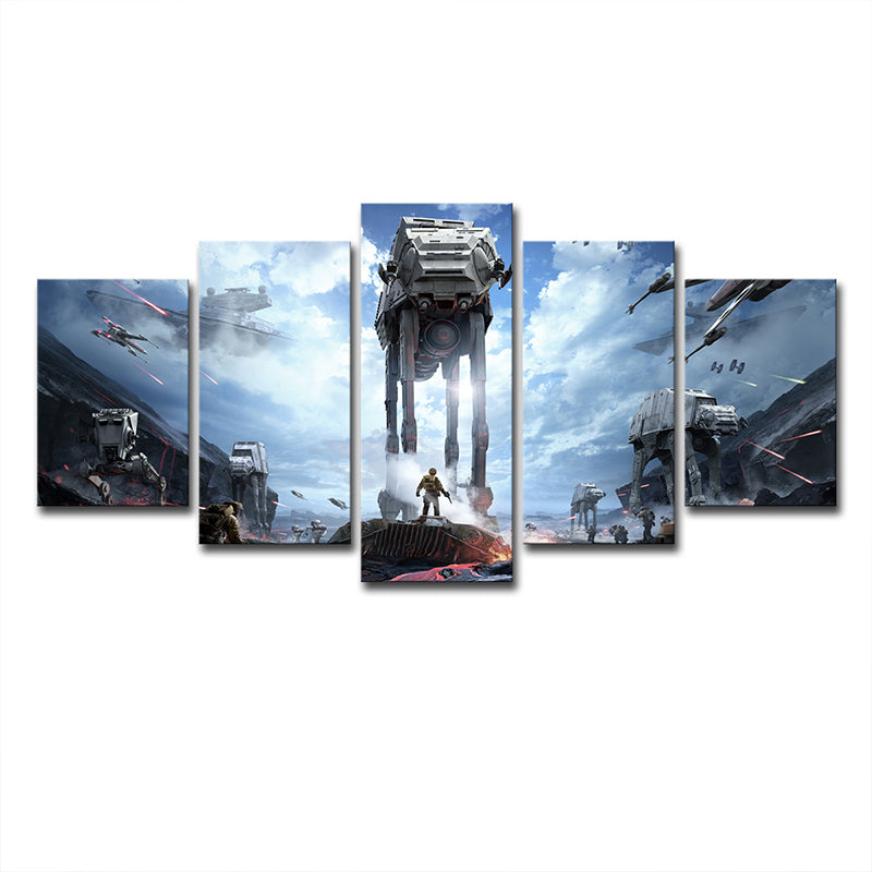 Fictional Space War Scene Art Print Blue Multi-Piece Wall Decor for Sitting Room