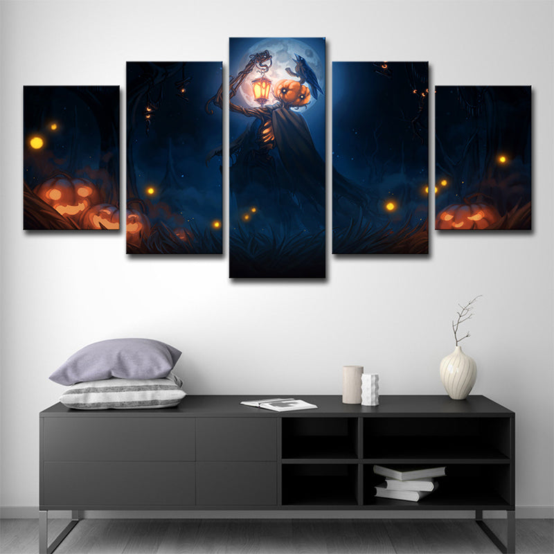 Halloween Pumpkin Canvas Print Kids Scary Moon Night Scene Wall Art in Dark Blue