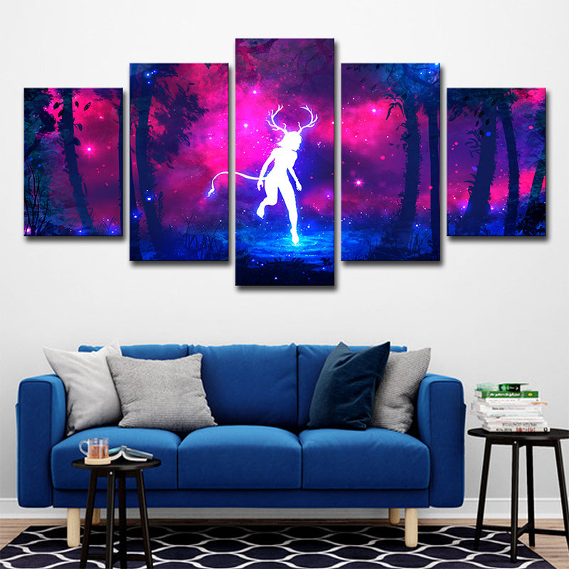 Cartoon Deer Fairy Wall Art Print Purple-Blue Night Wonderland Canvas for Bedroom