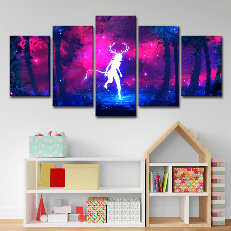 Cartoon Deer Fairy Wall Art Print Purple-Blue Night Wonderland Canvas for Bedroom