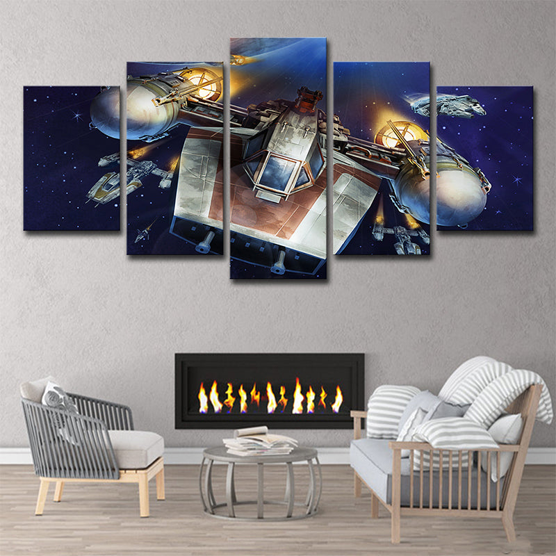 Sci-Fi Y-Wing Starfighter Wall Art Decor Dark Blue Outer Space Canvas Print for Bedroom