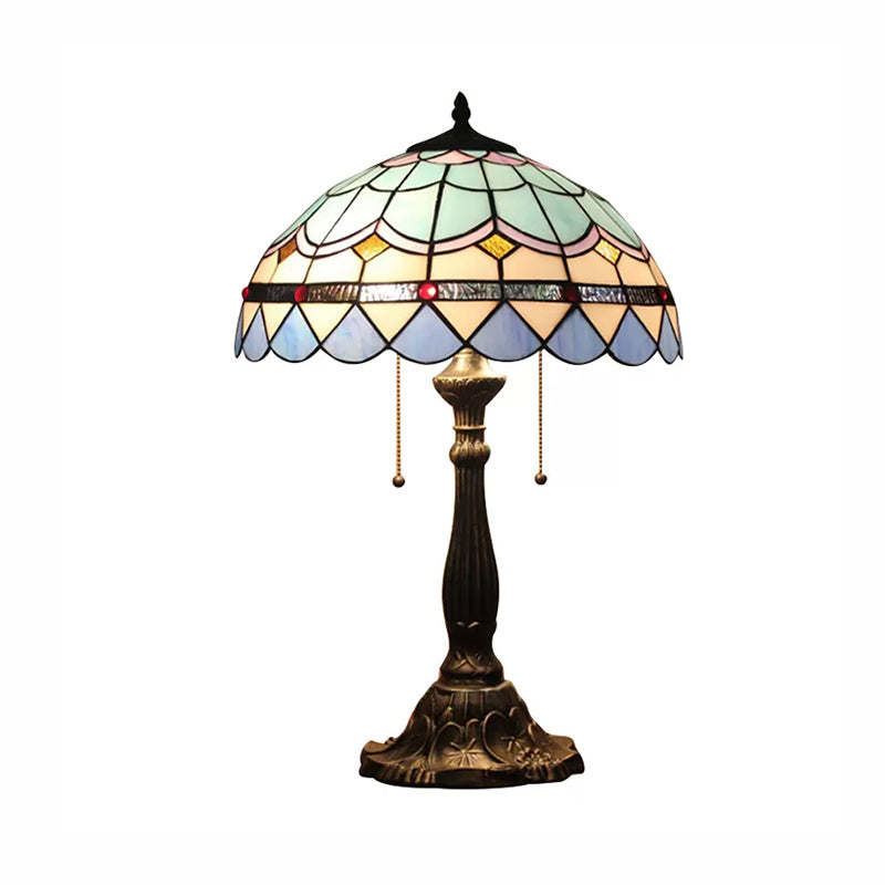 Barokke stijl Dome/Bowl leeslicht 1 licht gebrandschilderd glazen tafelverlichting met metalen basis in blauw