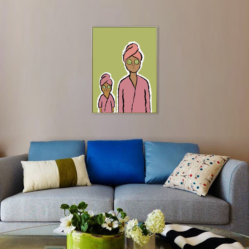 Happy Family Drawing Wall Art House Interior Figure Canvas Print in Pastel Color