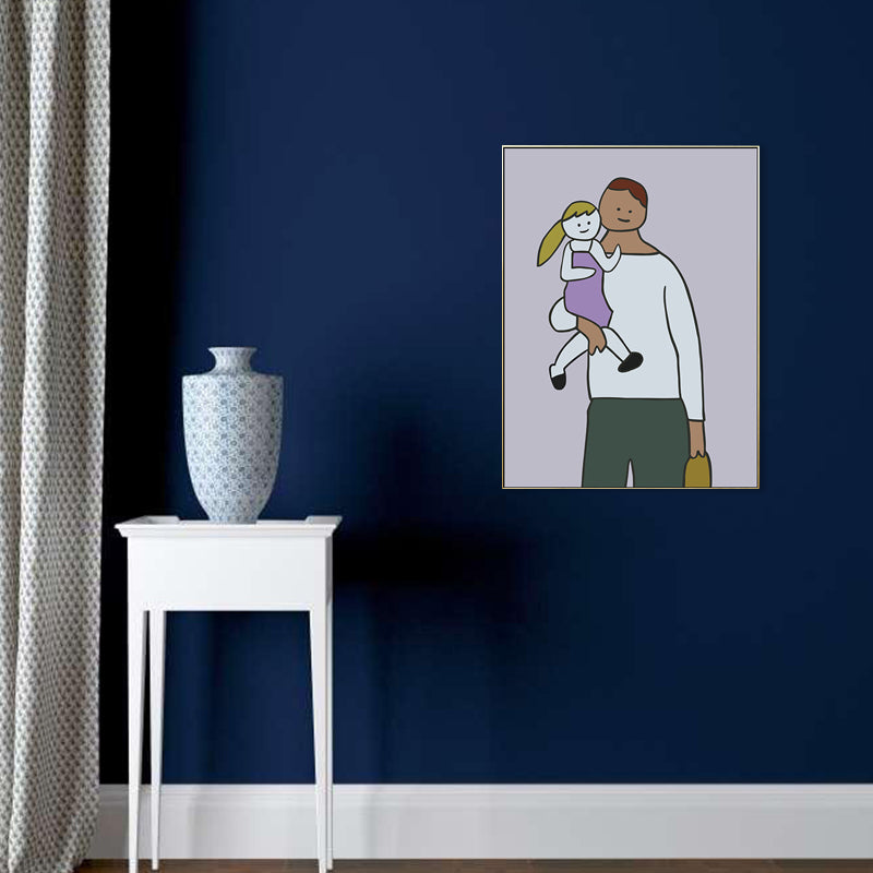 Happy Family Drawing Wall Art House Interior Figure Canvas Print in Pastel Color