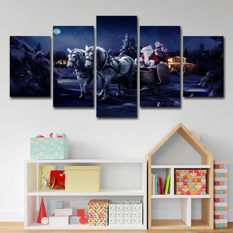 Christmas Carriage Santa Claus Canvas Kids Style Multi-Piece Wall Art Decor in Dark Blue