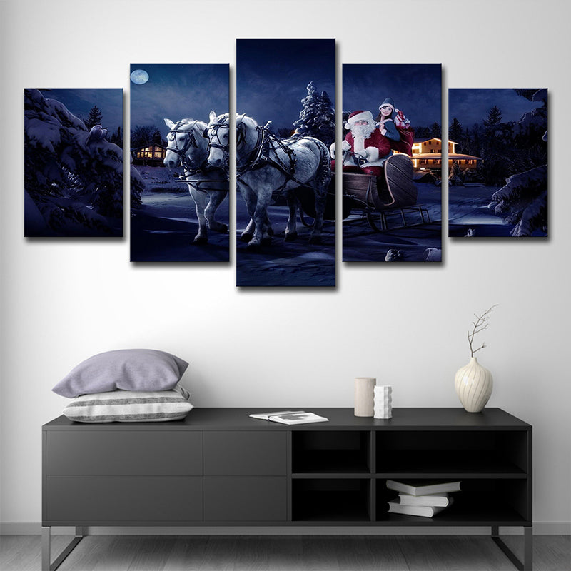 Christmas Carriage Santa Claus Canvas Kids Style Multi-Piece Wall Art Decor in Dark Blue