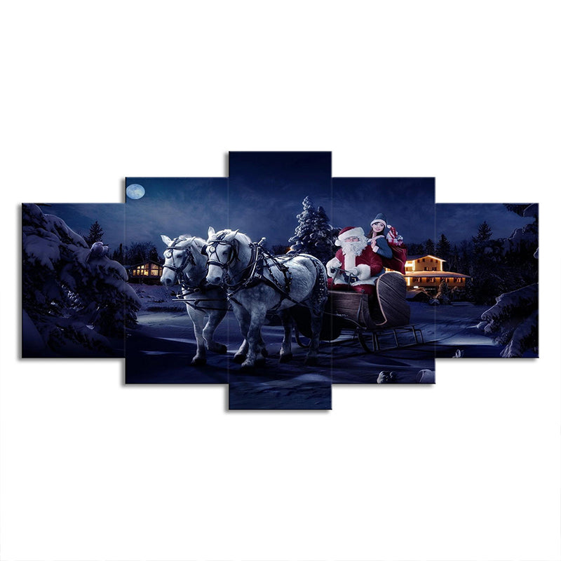 Christmas Carriage Santa Claus Canvas Kids Style Multi-Piece Wall Art Decor in Dark Blue
