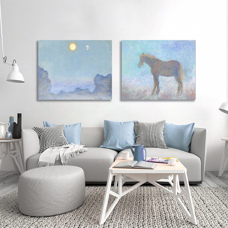 Wild Animal Wall Art Cartoon Textured Square Canvas Print in Blue for Living Room