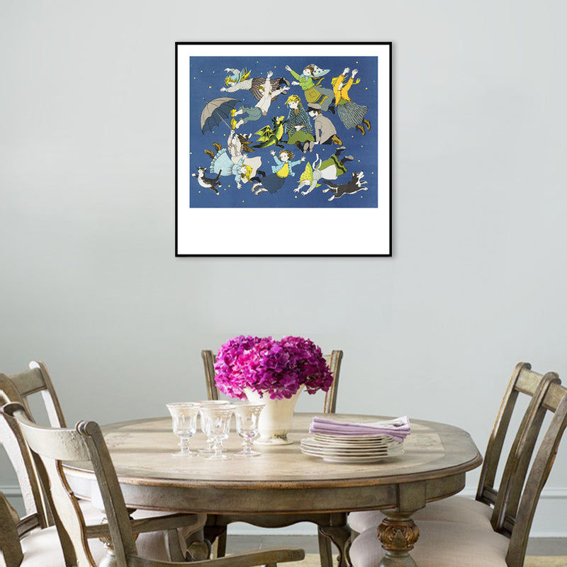 Blue Childrens Art Wall Decor Illustration Kids in the Sky Canvas Print for Bedroom