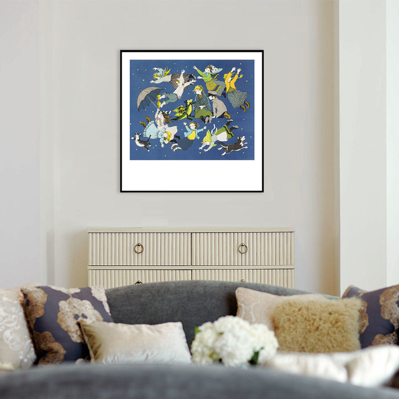 Blue Childrens Art Wall Decor Illustration Kids in the Sky Canvas Print for Bedroom