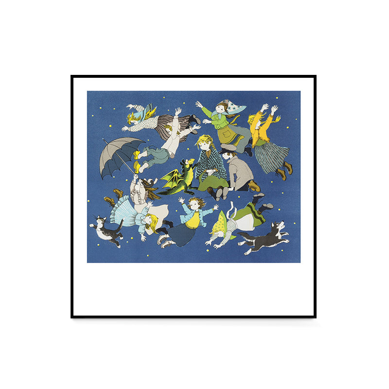 Blue Childrens Art Wall Decor Illustration Kids in the Sky Canvas Print for Bedroom