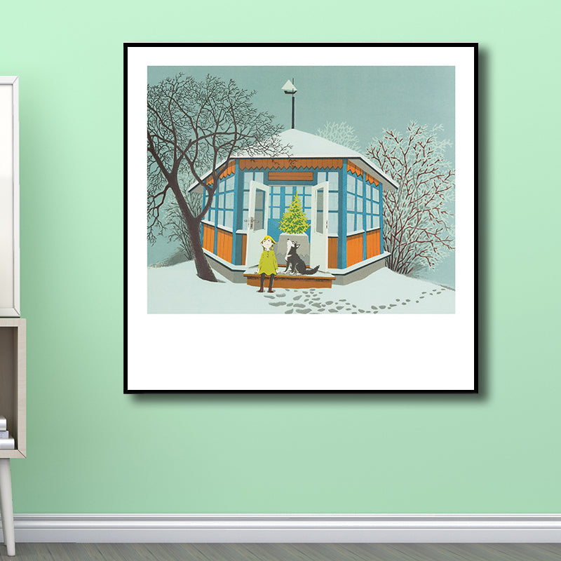 White Snowy House Canvas Art Winter Scenery Kids Textured Wall Decor for Bedroom