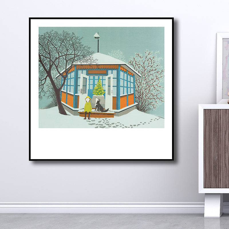 White Snowy House Canvas Art Winter Scenery Kids Textured Wall Decor for Bedroom