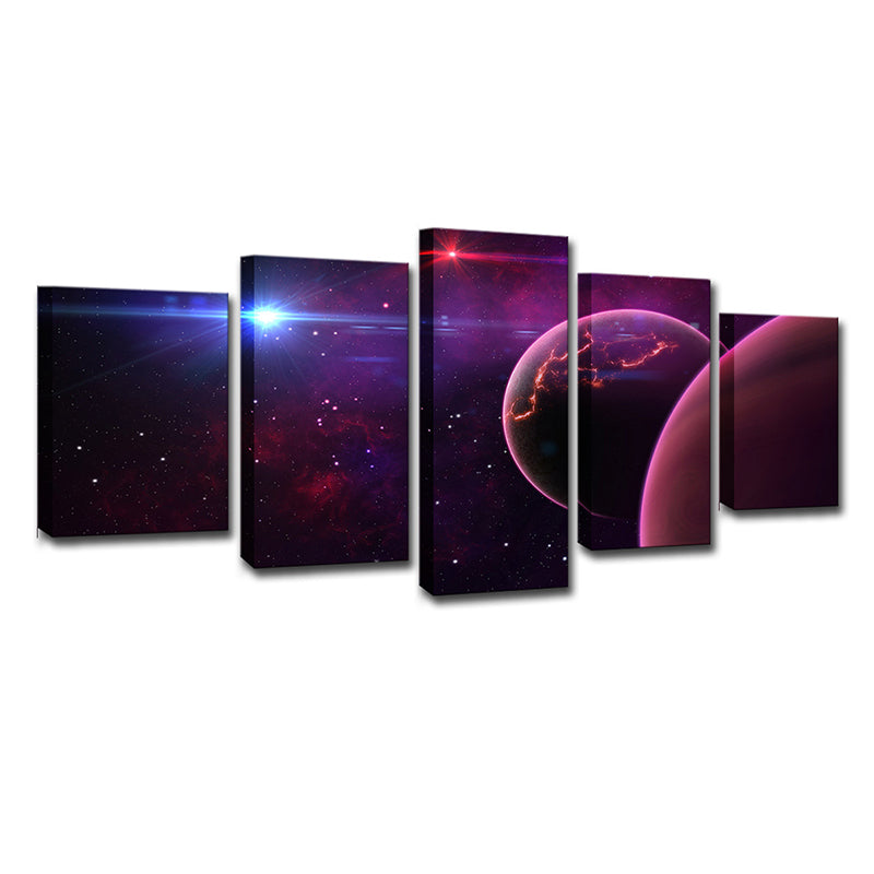 Universe Wall Art Kids Dreamy Planet and Stars Canvas Print in Purple for Bedroom