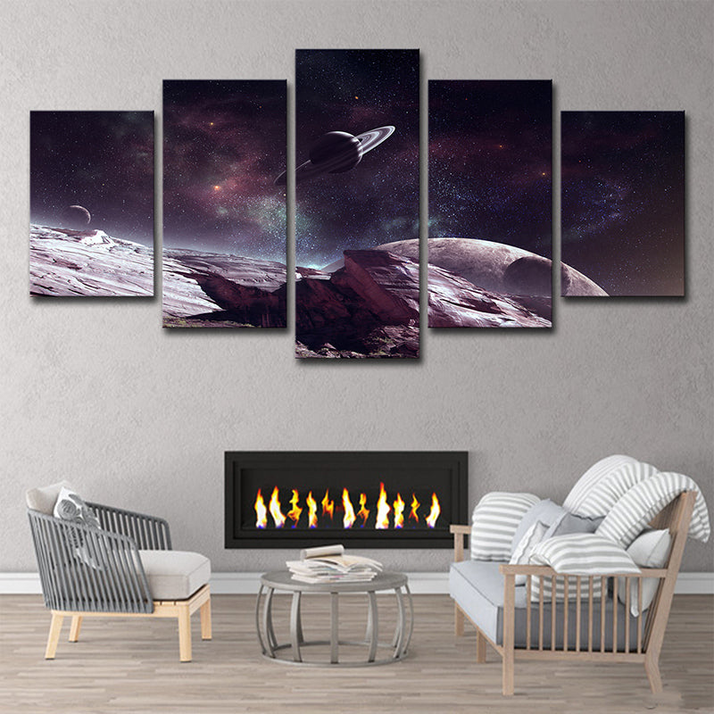 Sci-Fi Planet Surface Scene Canvas Print Grape-Purple Starry Universe Wall Art Print