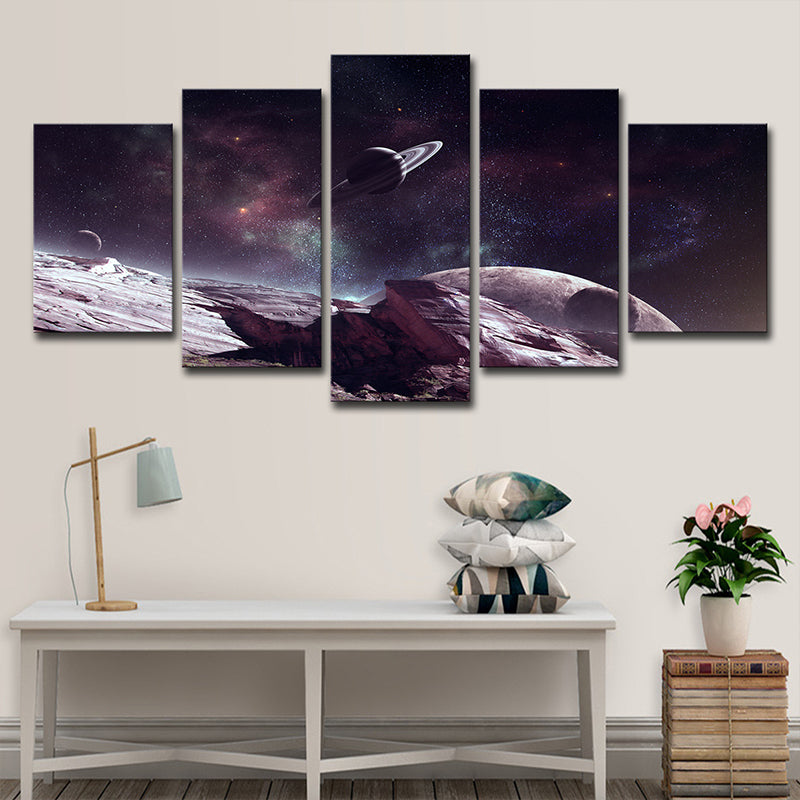 Sci-Fi Planet Surface Scene Canvas Print Grape-Purple Starry Universe Wall Art Print