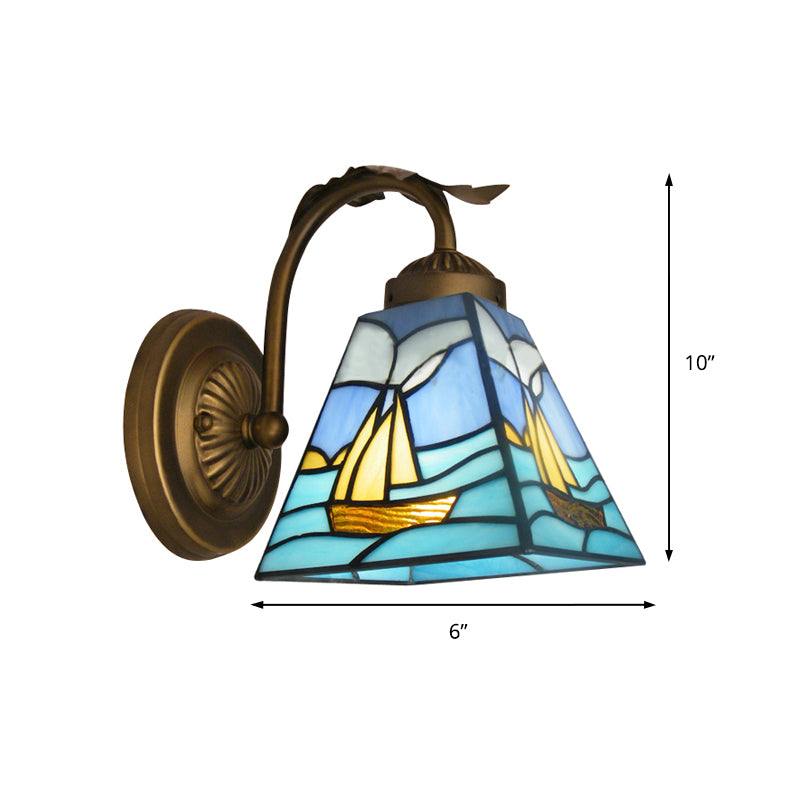 1 Light Sailboat Wall Sconce Light Nautical Stained Glass Wall Mount Light in Brass