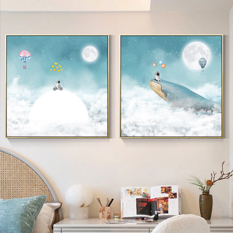 Kids Balloon Trip Drawing Canvas Print Blue Moon Night Sky Wall Art Decor for Room