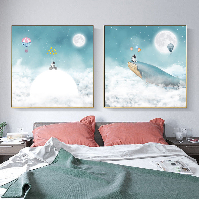 Kids Balloon Trip Drawing Canvas Print Blue Moon Night Sky Wall Art Decor for Room