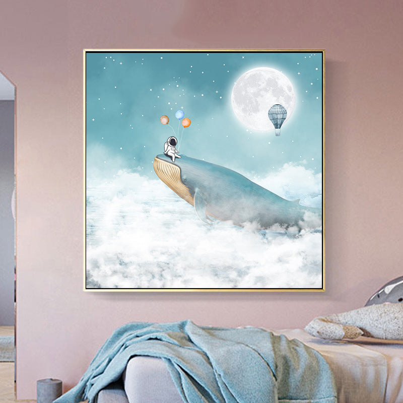 Kids Balloon Trip Drawing Canvas Print Blue Moon Night Sky Wall Art Decor for Room