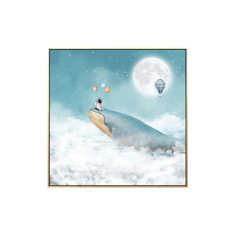 Kids Balloon Trip Drawing Canvas Print Blue Moon Night Sky Wall Art Decor for Room